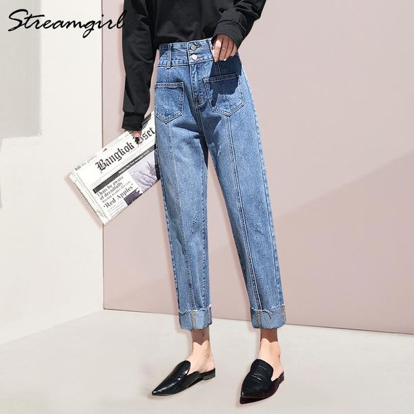 streamgirl female jeans with high waist women straight pocket jean femme ladies pants capris denim 2021 women's, Blue