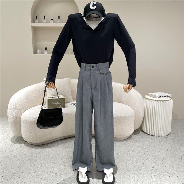 women's two piece pants niche design clothing summer 2021 lapel thin long sleeve + high waist straight grey casual suit, White
women's two piece pants niche design clothing summer 2021 lapel thin long sleeve + high waist straight grey casual suit, White