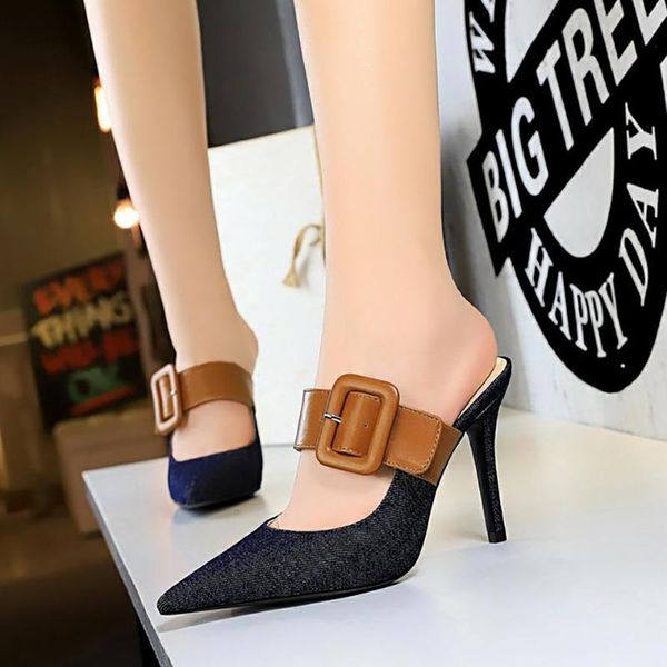 slippers euro-american women's shoe bale with high heel and shallow pointed denim matching color belt buckle, Black
slippers euro-american women's shoe bale with high heel and shallow pointed denim matching color belt buckle, Black