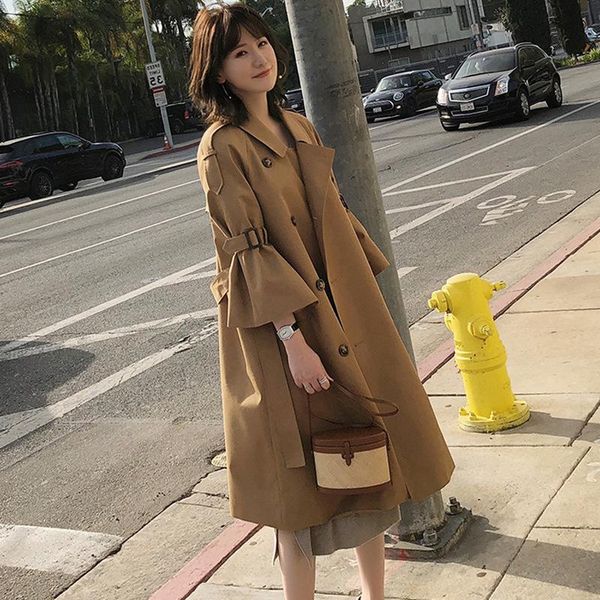 women's trench coats khaki coat women spring trumpet sleeve long knee-high loose adjust waist double-breasted, Tan;black
women's trench coats khaki coat women spring trumpet sleeve long knee-high loose adjust waist double-breasted, Tan;black
