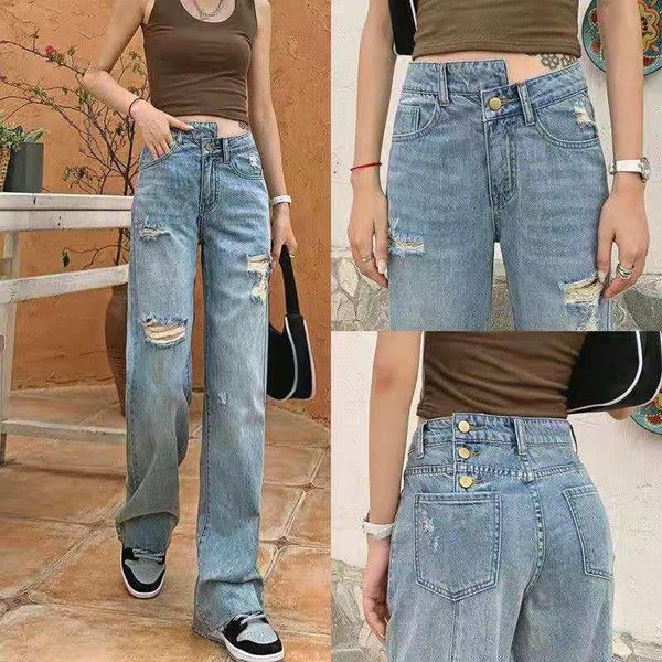 women's jeans high waist wide lege denim pants summer women vintage hole straight female trousers streetwear, Blue
women's jeans high waist wide lege denim pants summer women vintage hole straight female trousers streetwear, Blue