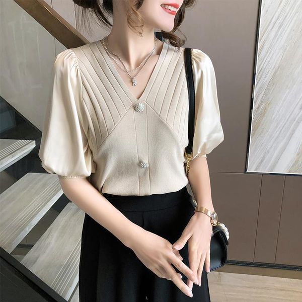 women's t-shirt 2021 summer women korean style v-neck button jumper tees female ice silk chiffon patchwork streetwear knitted a32, White
women's t-shirt 2021 summer women korean style v-neck button jumper tees female ice silk chiffon patchwork streetwear knitted a32, White