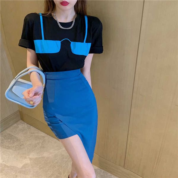 summer casual women fake two-piece round neck short-sleeved t-shirt + irregular high waist bag hip skirt sets 210531, White
summer casual women fake two-piece round neck short-sleeved t-shirt + irregular high waist bag hip skirt sets 210531, White