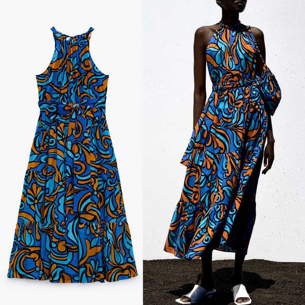 za summer print halter dress women sleeveless tied self belt elegant party dresses woman chic back opening pleat long dress 210602, Black;gray
za summer print halter dress women sleeveless tied self belt elegant party dresses woman chic back opening pleat long dress 210602, Black;gray