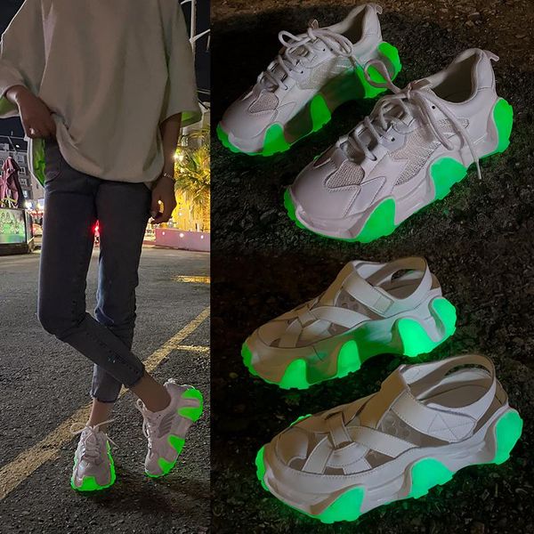 sandals night running luminous platform women's sports shoes mesh breathable fashion personality lightweight soles, Black