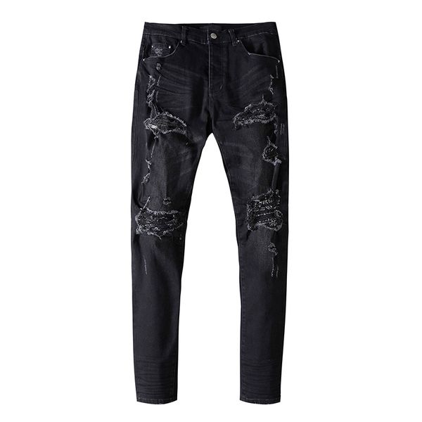 mens jeans with solid color holes washed pants are slim in europe and america., Blue
mens jeans with solid color holes washed pants are slim in europe and america., Blue