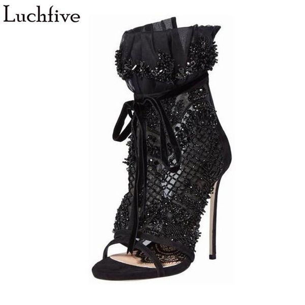 luchfive mesh crystal wrap heel sandals women beading flower lace-up party shoes thin heels, Black
luchfive mesh crystal wrap heel sandals women beading flower lace-up party shoes thin heels, Black