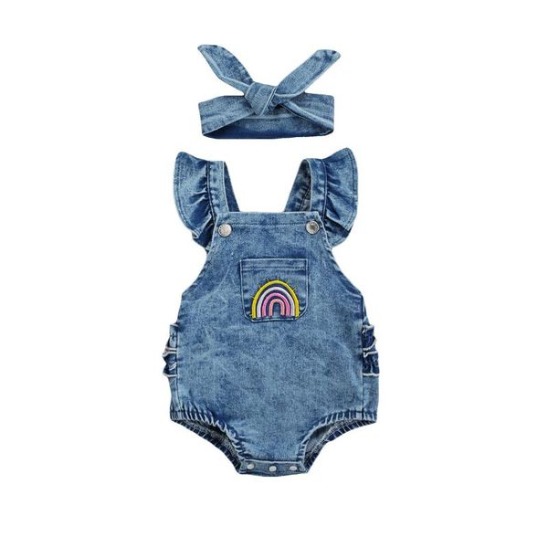 jumpsuits breathable baby girls outfit, infant summer creative rainbow embroidery sleeve lace decoration denim romper + headwear set, Blue
jumpsuits breathable baby girls outfit, infant summer creative rainbow embroidery sleeve lace decoration denim romper + headwear set, Blue