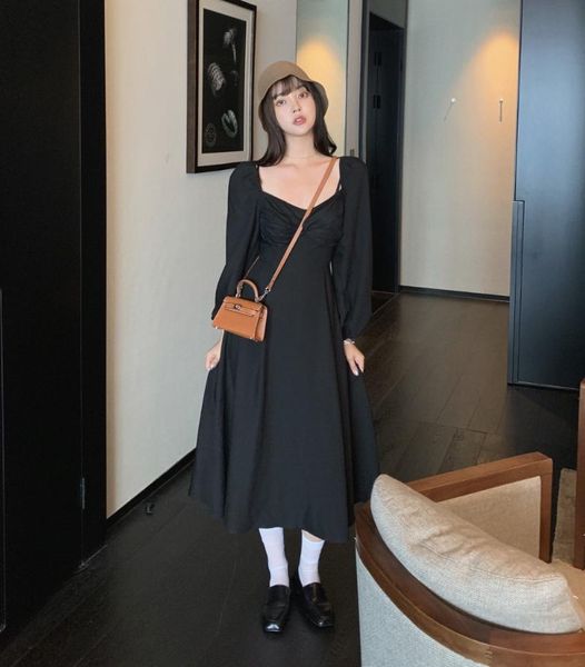 autumn women's fashion waist slimming square neck long sleeve dress girl's retro puff black casual dresses, Black;gray
autumn women's fashion waist slimming square neck long sleeve dress girl's retro puff black casual dresses, Black;gray