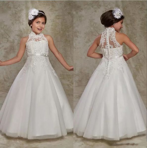 white high neck tulle lace a line flower girl dress applique beaded bow sash girls pageant dresses birthday party dress, White;blue
white high neck tulle lace a line flower girl dress applique beaded bow sash girls pageant dresses birthday party dress, White;blue