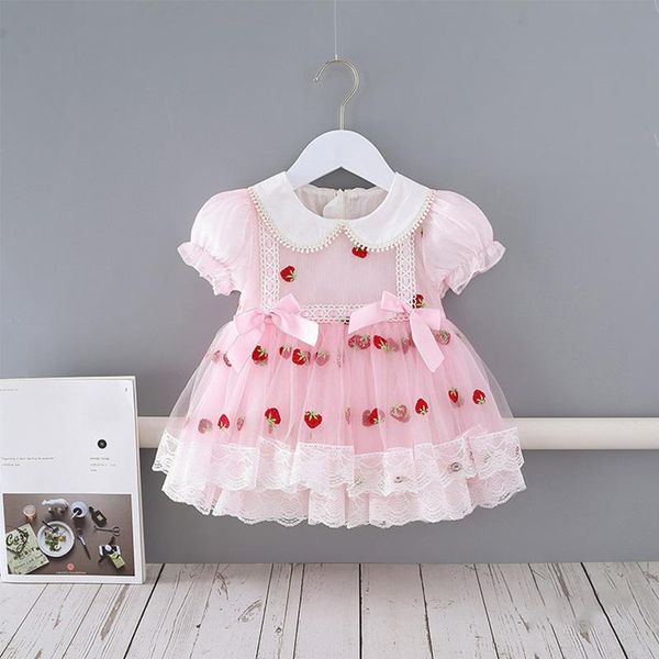 summer baby girls light pink cotton comfortable casual clothes children's strawberry mesh short sleeve sweet princess dress girl's, Red;yellow