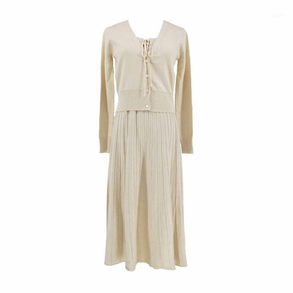 two piece dress perhaps u autumn set v-neck lace-up bow long sleeve knitted sweater cardingan with empire ruched sling t0358, White
two piece dress perhaps u autumn set v-neck lace-up bow long sleeve knitted sweater cardingan with empire ruched sling t0358, White