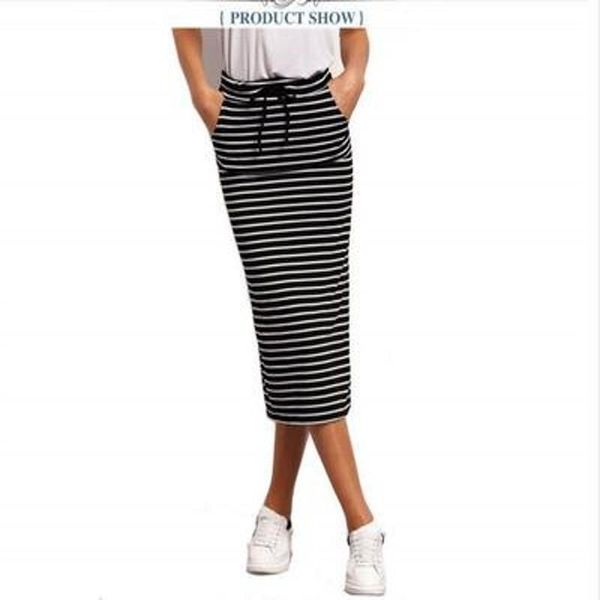 skirts striped pencil women girl mid-calf long skirt 8sk050, Black