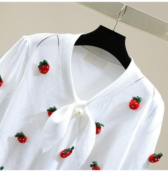 women's t-shirt beaded bowknot short sleeve thin knitted women 2021 summer korean style slim-fit sweet stereo strawberry knitwear, White
women's t-shirt beaded bowknot short sleeve thin knitted women 2021 summer korean style slim-fit sweet stereo strawberry knitwear, White