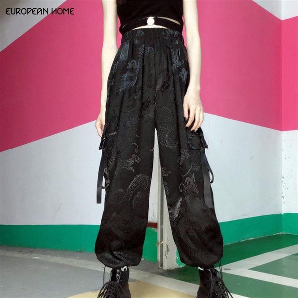 women's pants & capris spring summer women clothes streetwear retro dragon pattern black cargo plus size loose casual beam trousers t76, Black;white
women's pants & capris spring summer women clothes streetwear retro dragon pattern black cargo plus size loose casual beam trousers t76, Black;white