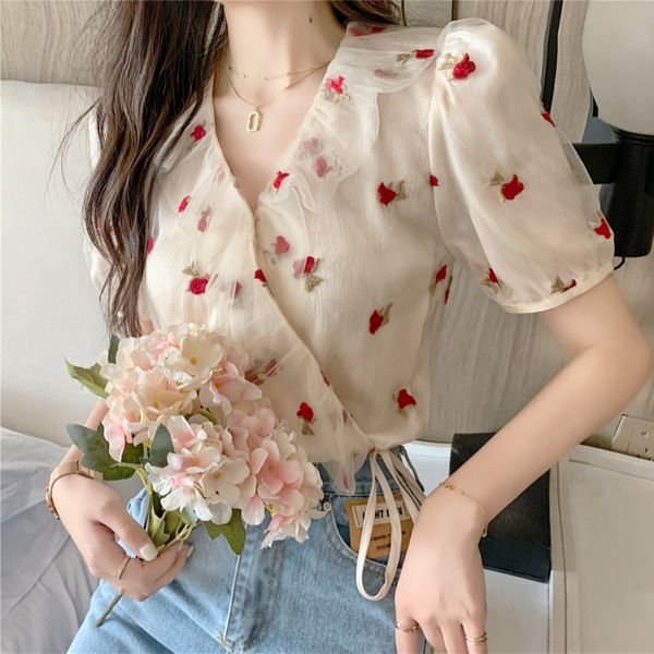 women's t-shirt embroidered blouse women's summer sense small v neck bubble sleeve short temperament mesh mi1s, White
women's t-shirt embroidered blouse women's summer sense small v neck bubble sleeve short temperament mesh mi1s, White
