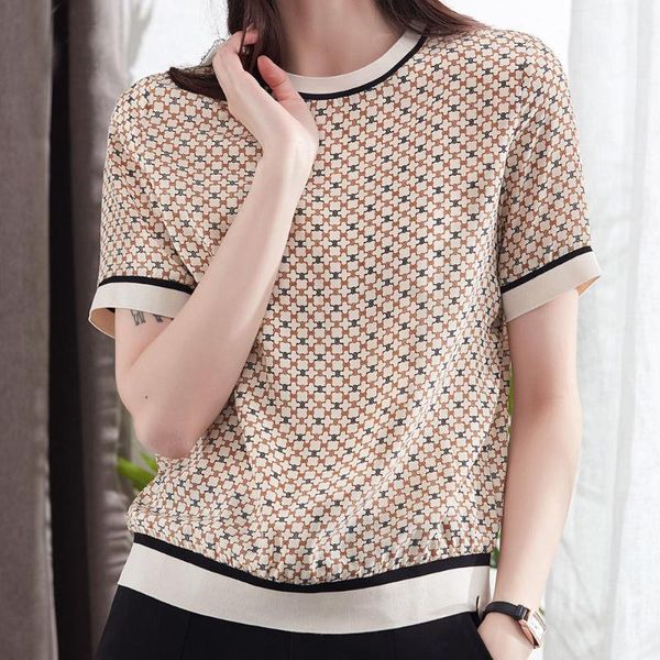 women's t-shirt silk short-sleeved square plaid printed 2021 summer ribbed half-sleeved mulberry, White
women's t-shirt silk short-sleeved square plaid printed 2021 summer ribbed half-sleeved mulberry, White