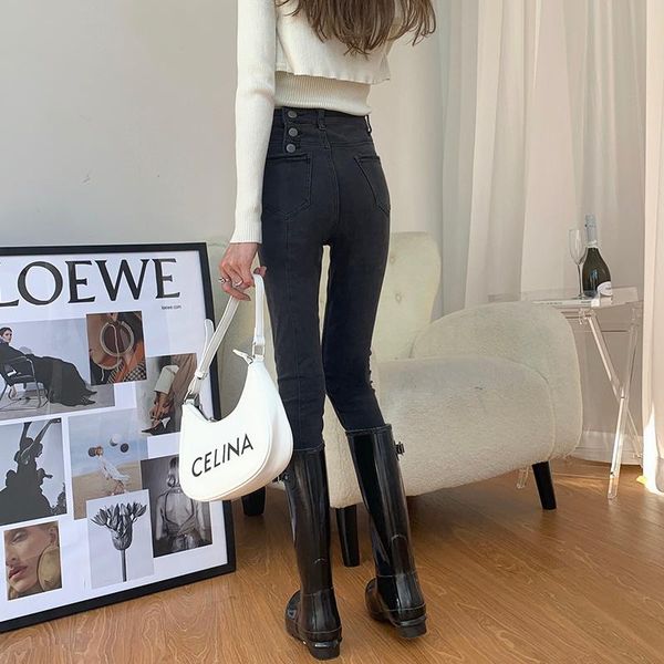 women's jeans high waist breasted small design elastic feet, Blue