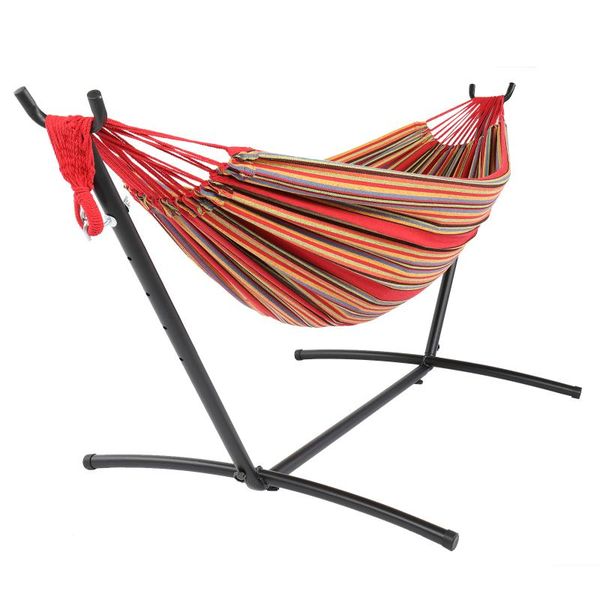 camp furniture polyester cotton hammock black steel pipe portable soft bed with frame red strip rope
camp furniture polyester cotton hammock black steel pipe portable soft bed with frame red strip rope