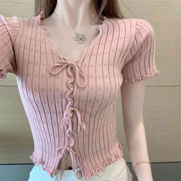 short knitted women's summer v-neck sleeve hollow out wave lacing wooden ear thin sweater t-shirt 210602, White;black
short knitted women's summer v-neck sleeve hollow out wave lacing wooden ear thin sweater t-shirt 210602, White;black