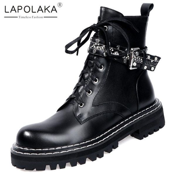 boots lapolaka 2021 genuine leather punk style motorcycle woman shoes simple belt buckle zip up ankle female, Black
boots lapolaka 2021 genuine leather punk style motorcycle woman shoes simple belt buckle zip up ankle female, Black