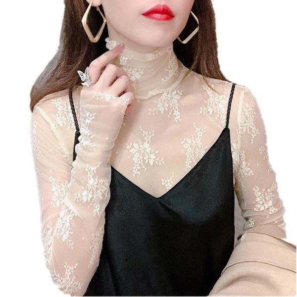 women's t-shirt women high collar lace bottom autumn winter casual style long sleeve clothing lady mesh flower t-shirts p3 118, White
women's t-shirt women high collar lace bottom autumn winter casual style long sleeve clothing lady mesh flower t-shirts p3 118, White