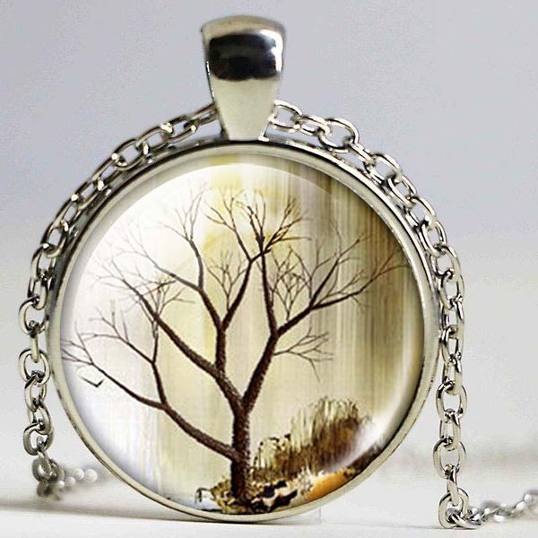 tree of life jewelry necklace pendant forest woods christmas gift for women glass necklaces, Silver