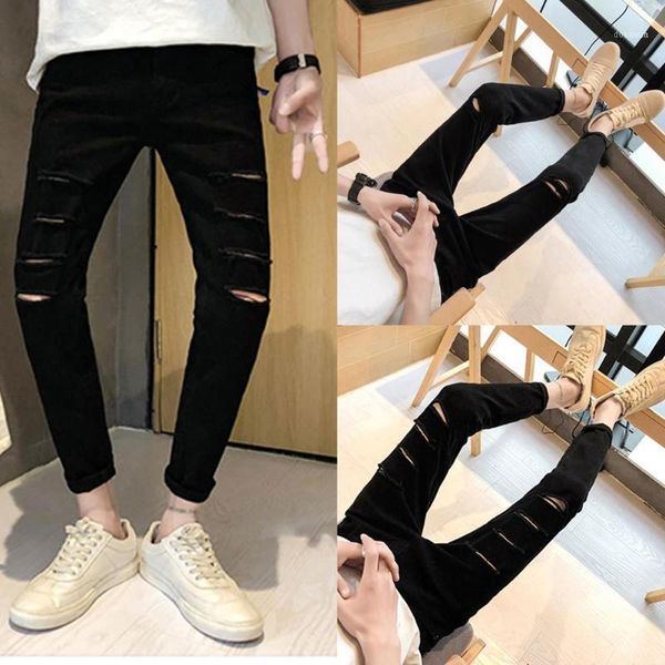 men fashion black ninth pants broken hole jeans1, Blue