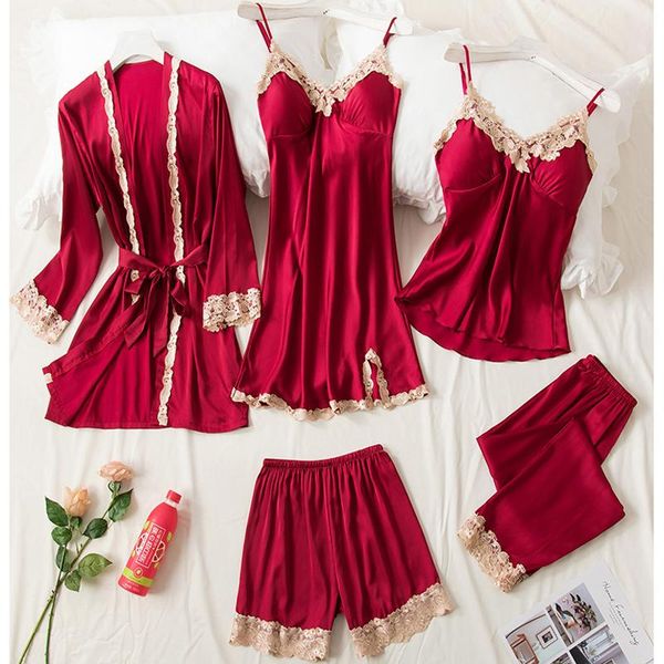 women's sleepwear 5pcs summer spring autumn women ice silk pajamas set solid color comfortable lace soft velvet homewear, Black;red
women's sleepwear 5pcs summer spring autumn women ice silk pajamas set solid color comfortable lace soft velvet homewear, Black;red