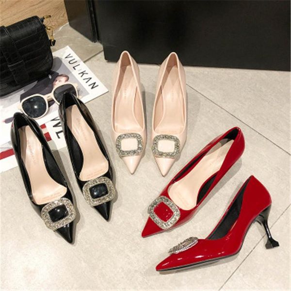 women's shoes patent leather shallow mouth rhinestone square buckle high heels head low red wedding sh dress, Black
women's shoes patent leather shallow mouth rhinestone square buckle high heels head low red wedding sh dress, Black