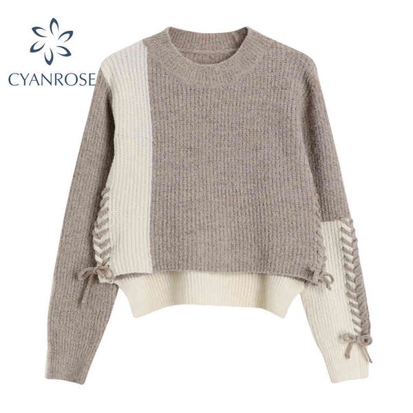 spring korean sweater women vintage long sleeve cropped spliced lace up design knitwear female loose pullover knitted 210417, White;black
spring korean sweater women vintage long sleeve cropped spliced lace up design knitwear female loose pullover knitted 210417, White;black