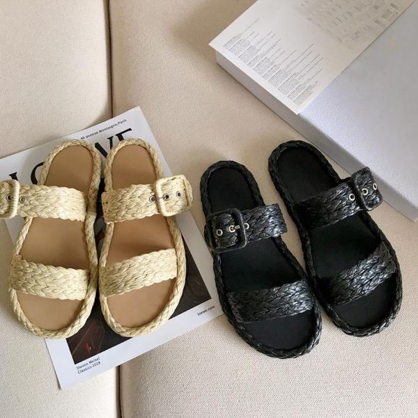 shoes women summer straw slippers flat with concise outside metal decor solid zapatos de mujer, Black
shoes women summer straw slippers flat with concise outside metal decor solid zapatos de mujer, Black