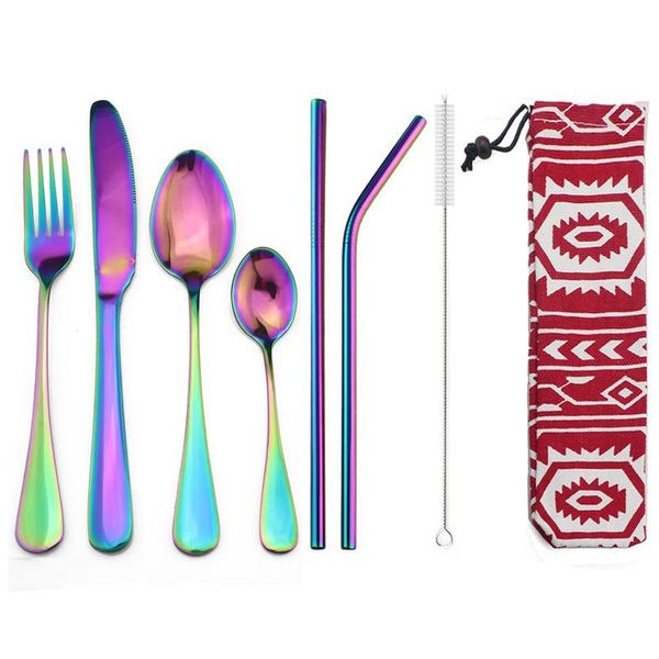 dinnerware sets 8pcs/set reusable rainbow portable flatware set stainless steel cutlery knife fork with carry straw cloth bag
dinnerware sets 8pcs/set reusable rainbow portable flatware set stainless steel cutlery knife fork with carry straw cloth bag