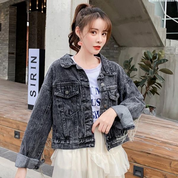 women's jackets 2021 spring denim jacket women fashion personalized versatile long sleeve short tassel loose black gray female coats, Black;brown
women's jackets 2021 spring denim jacket women fashion personalized versatile long sleeve short tassel loose black gray female coats, Black;brown