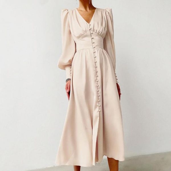 casual dresses women dress elegant long maxi tight waist puff sleeve skin-friendly deep v neck breasted sexy, Black;gray 
casual dresses women dress elegant long maxi tight waist puff sleeve skin-friendly deep v neck breasted sexy, Black;gray