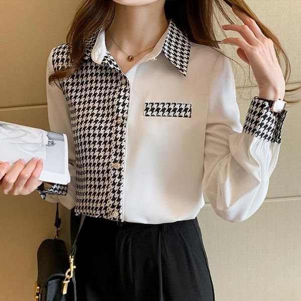 women's blouses & shirts spring 2021 korean fashion plaid shirt stitching houndstooth loose casual commuter professional womens blouse, White
women's blouses & shirts spring 2021 korean fashion plaid shirt stitching houndstooth loose casual commuter professional womens blouse, White