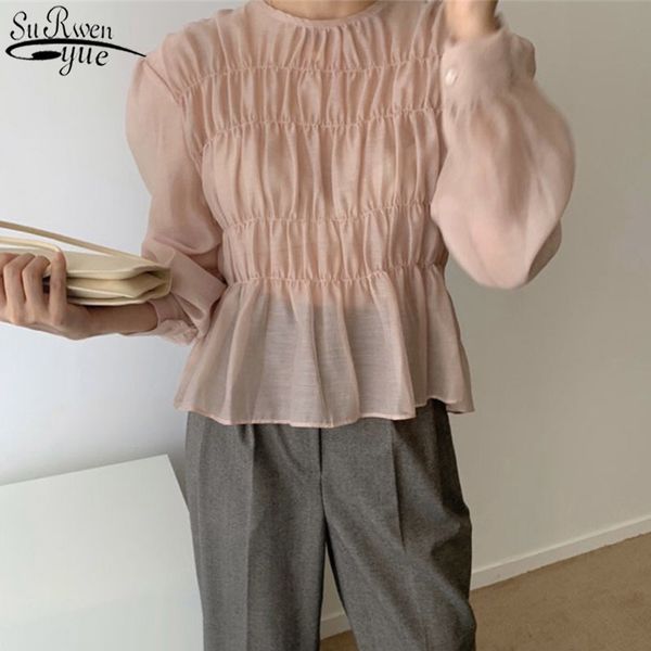 spring blusa o-neck puff long sleeve blouse korean ins solid pleated design perspective summer shirt fashion clothing 11357 210417, White 
spring blusa o-neck puff long sleeve blouse korean ins solid pleated design perspective summer shirt fashion clothing 11357 210417, White