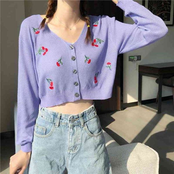 cherry embroidery cardigans women long sleeve crop v neck cute knitwear loose knitted tee fall, White;black
cherry embroidery cardigans women long sleeve crop v neck cute knitwear loose knitted tee fall, White;black