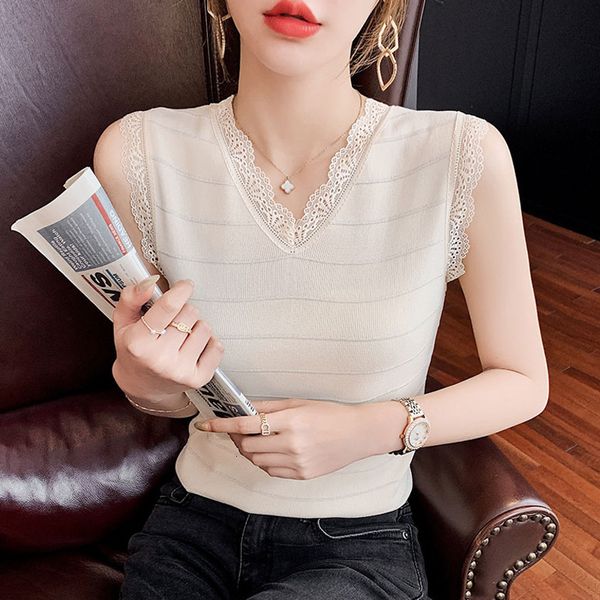 t-shirt t-shirt 2021 summer new fashion sleeveless blouse lace stitching temperament v-neck slim versatile knitting top, White
t-shirt t-shirt 2021 summer new fashion sleeveless blouse lace stitching temperament v-neck slim versatile knitting top, White