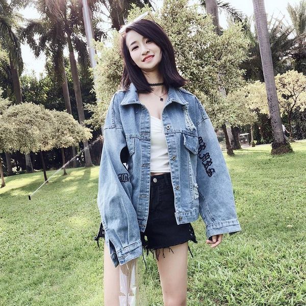 women's jackets spring alphabet embroidery denim jacket ladies hole current wild coat female washed fashion lapel jeans women 164, Black;brown
women's jackets spring alphabet embroidery denim jacket ladies hole current wild coat female washed fashion lapel jeans women 164, Black;brown