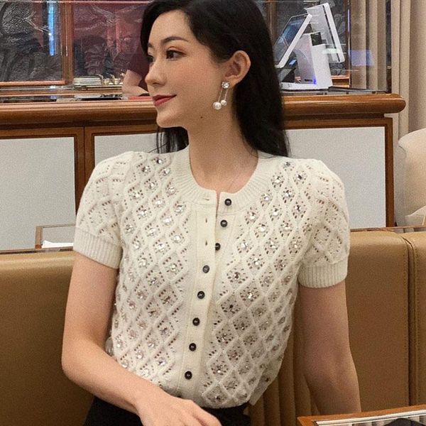 women's knits & tees brand runway short cardigan women 2021 spring crystal beaded argyle hollow out sleeve cropped knit jersey, White
women's knits & tees brand runway short cardigan women 2021 spring crystal beaded argyle hollow out sleeve cropped knit jersey, White