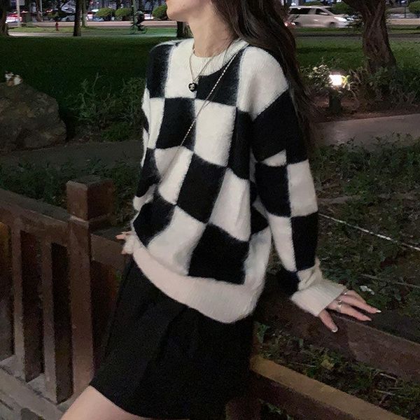 women's sweaters o-neck checkerboard black and white plaid 2021 long-sleeved sweater autumn winter knitted loose oversized pullover cas, White;black
women's sweaters o-neck checkerboard black and white plaid 2021 long-sleeved sweater autumn winter knitted loose oversized pullover cas, White;black