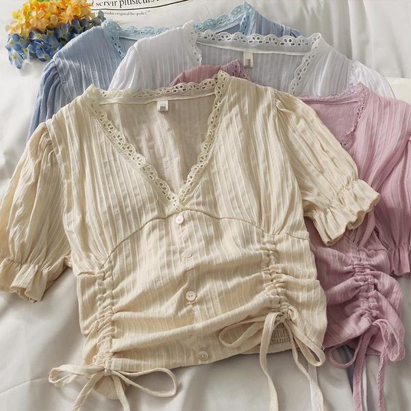 women's t-shirt 2021 summer hong kong-style vintage hollow lace v-neck short-sleeved shirring, White
women's t-shirt 2021 summer hong kong-style vintage hollow lace v-neck short-sleeved shirring, White