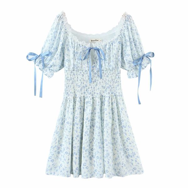 women square collar short sleeve blue floral waist dress vintage puff sleeve bow elastic waist chic female mini dresses 210507, Black;gray
women square collar short sleeve blue floral waist dress vintage puff sleeve bow elastic waist chic female mini dresses 210507, Black;gray