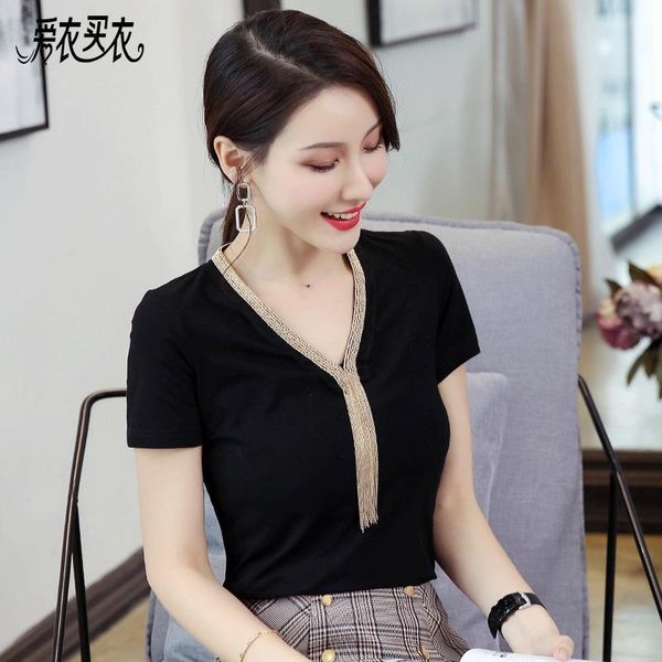 women's t-shirt aiyimaiyi 2021 summer wear korean version with black short sleeve v-neck tassel bead chain, White
women's t-shirt aiyimaiyi 2021 summer wear korean version with black short sleeve v-neck tassel bead chain, White