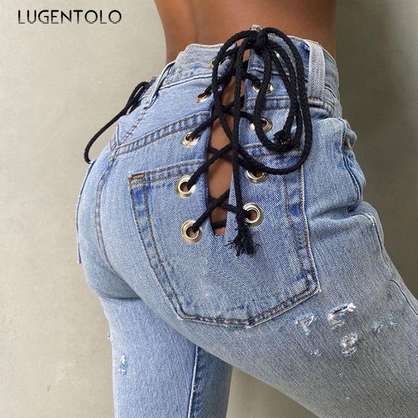 women's jeans lugentolo summer cutout bandage high waist fashion pants female casual loose straight street long, Blue
women's jeans lugentolo summer cutout bandage high waist fashion pants female casual loose straight street long, Blue