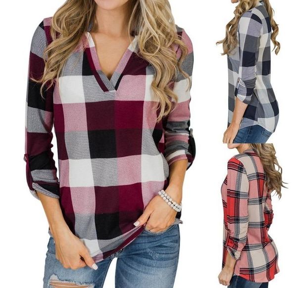 women's t-shirt amazon cross border european and american v-neck plaid printed casual shirt, White
women's t-shirt amazon cross border european and american v-neck plaid printed casual shirt, White