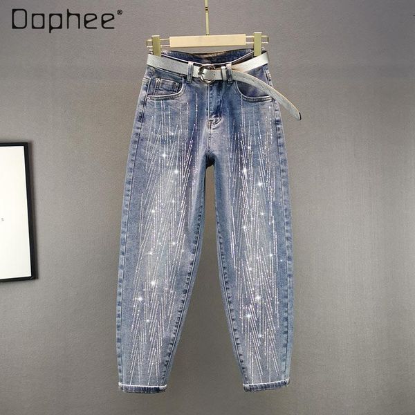 spring women's blue rhinestone harem jeans ladies high waist loose drilling denim pants