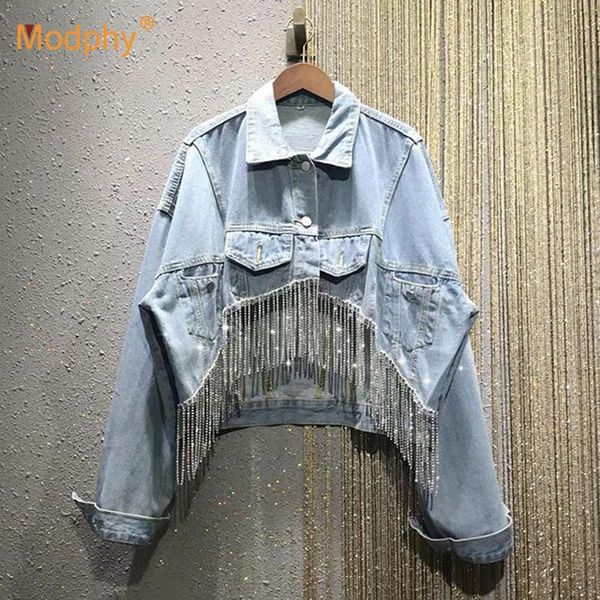 women's jackets diamond tassel loose denim jacket female long sleeve single breasted women jeans coat 2021 autumn fashion clothing, Black;brown