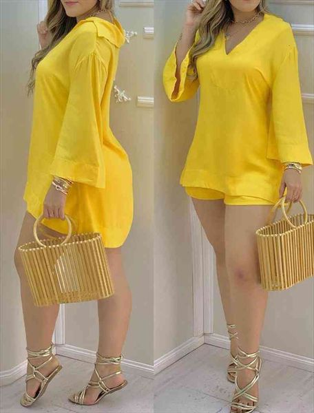 summer casual plain women tracksuits long sleeve tee shirts yellow bell v neck amp shorts set two piece, Gray
summer casual plain women tracksuits long sleeve tee shirts yellow bell v neck amp shorts set two piece, Gray